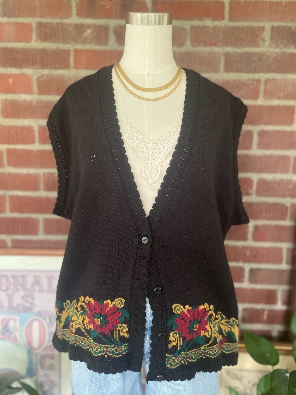 Vintage Black Floral Embroidered V-Neck Button Vest